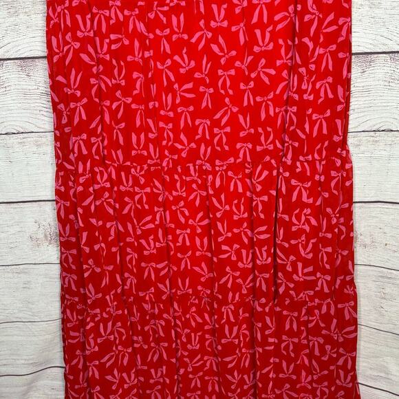 CeCe Red & Pink Coquette Pink Bow Tiered Ruffle Maxi Chiffon Dress Size Medium - Picture 7 of 9